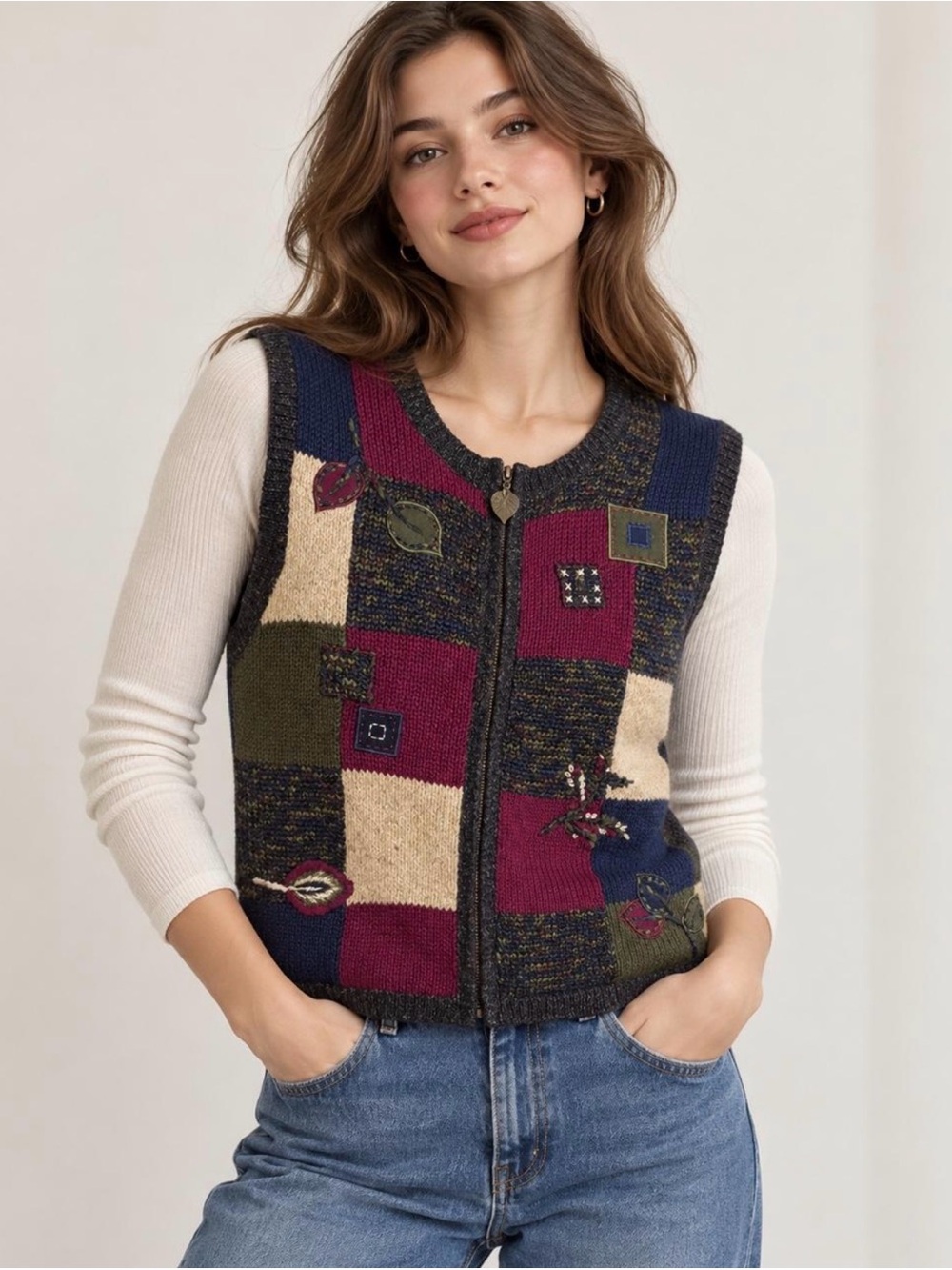 VTG 90s Monterey by Koret Patchwork Knit Sweater Vest Embroidered Leaves M